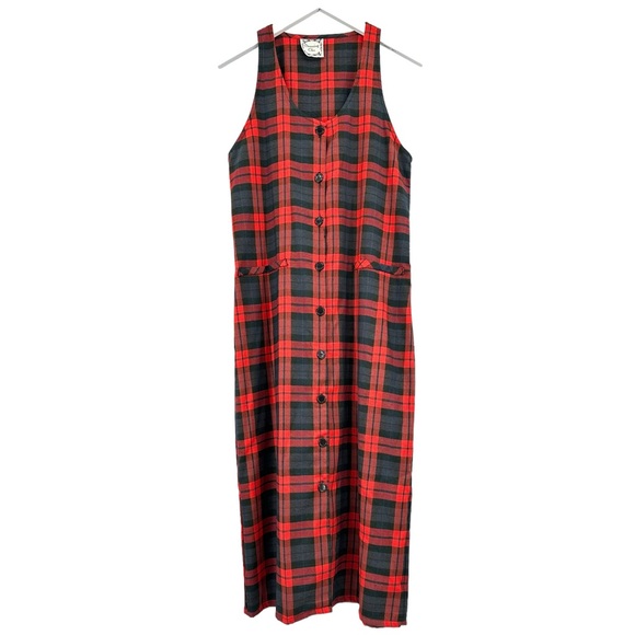 Vintage Dresses & Skirts - Vintage Made in USA Dressing Clio Red Plaid Sleeveless Midi / Maxi Dress sz M